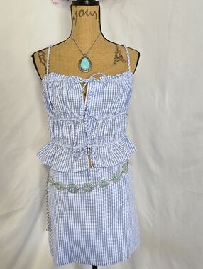 No Boundaries Light Blue Gingham Mini Skirt Set
